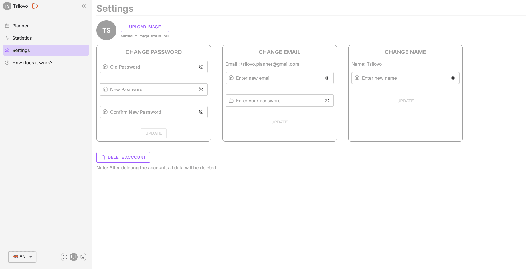 Settings page